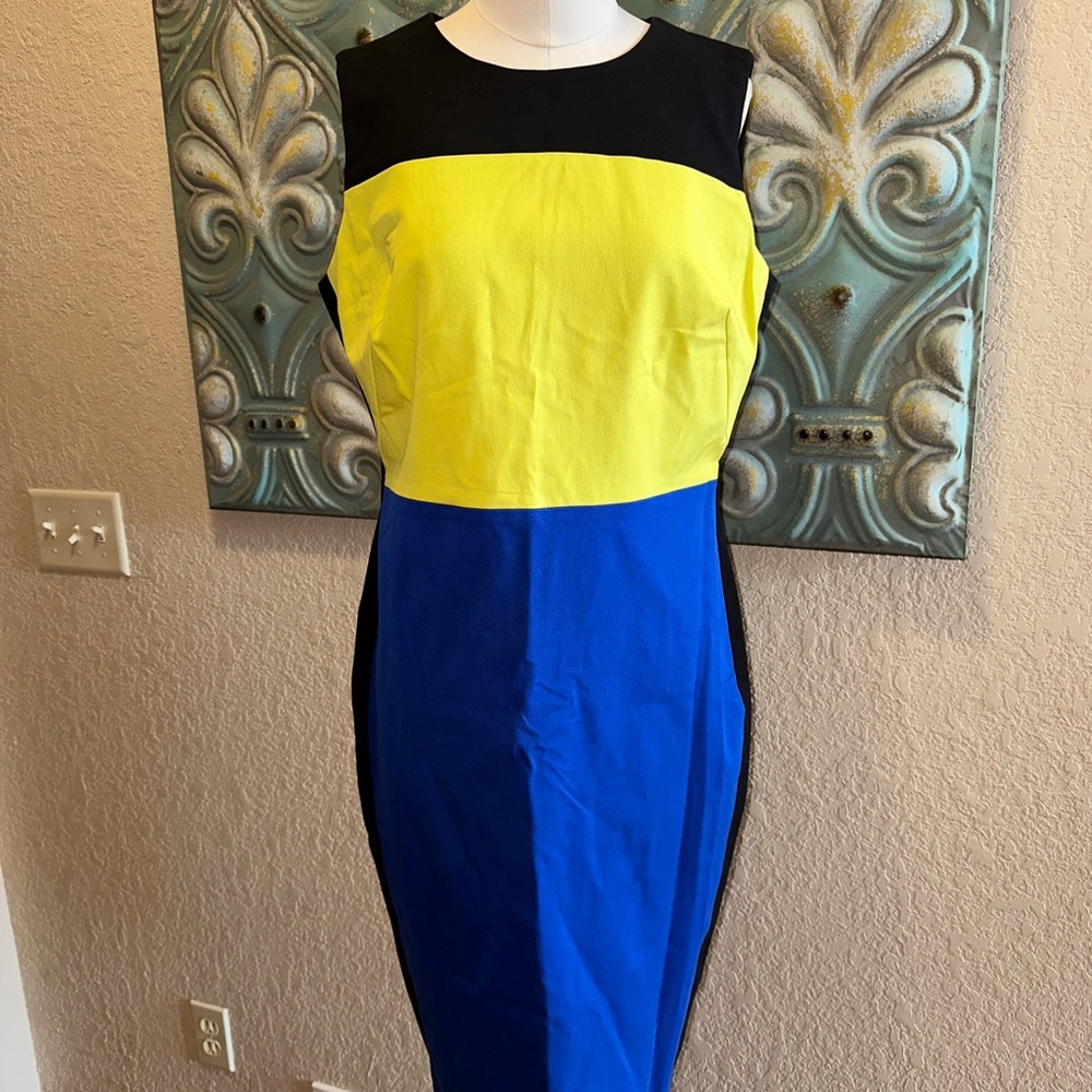 Calvin Klein Dress 12 Color block Lime Green Black Blue Sleeveless Sheath Career